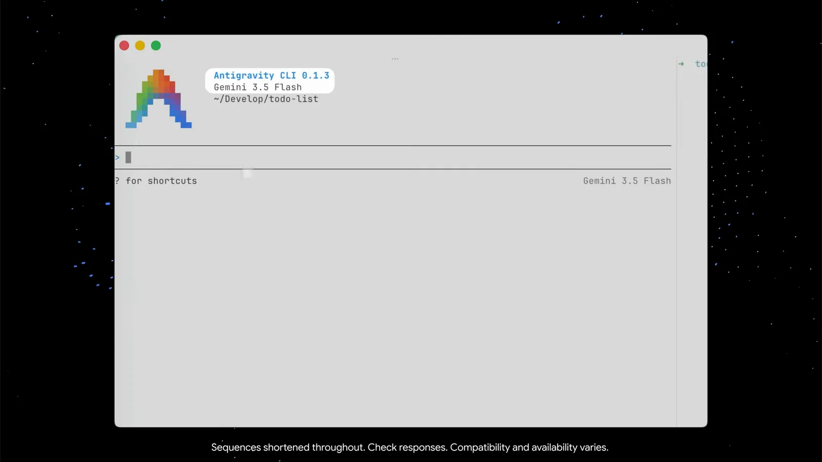 Antigravity CLI 0.1.3 welcome screen in a terminal showing the Gemini 3.5 Flash model, the ~/Develop/todo-list workspace and an empty prompt box with the question-mark shortcuts hint