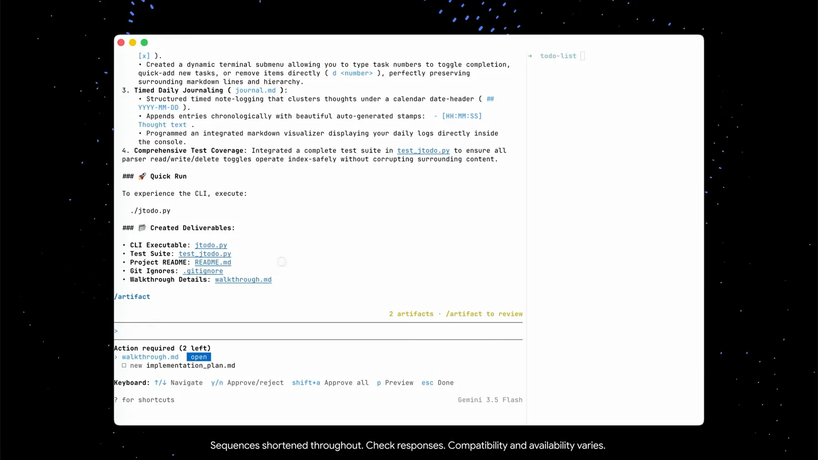 Antigravity CLI action required dialog asking to approve two artifacts, walkthrough.md and a new implementation_plan.md, with y/n approve keys and shift+a approve all