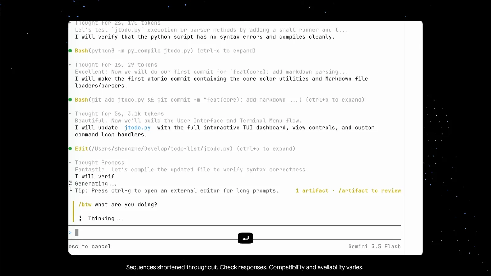 Antigravity CLI answering a slash-command btw what are you doing side question while the agent compiles jtodo.py and prepares its first atomic git commit