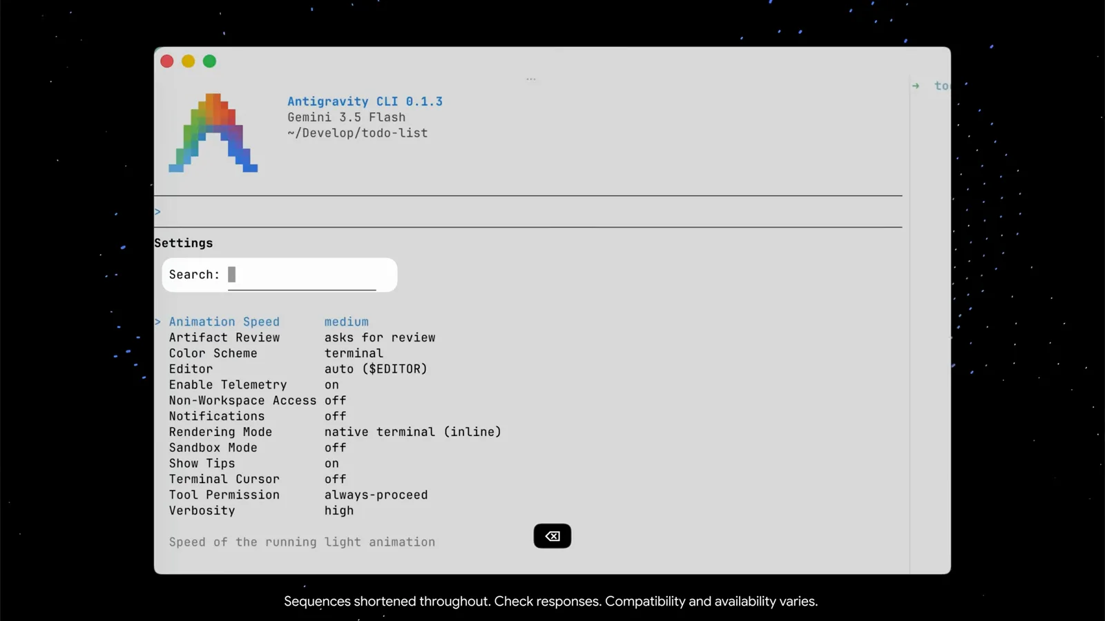 Antigravity CLI /config settings panel with the Search filter focused, listing Animation Speed, Rendering Mode native terminal (inline) and Tool Permission among thirteen options