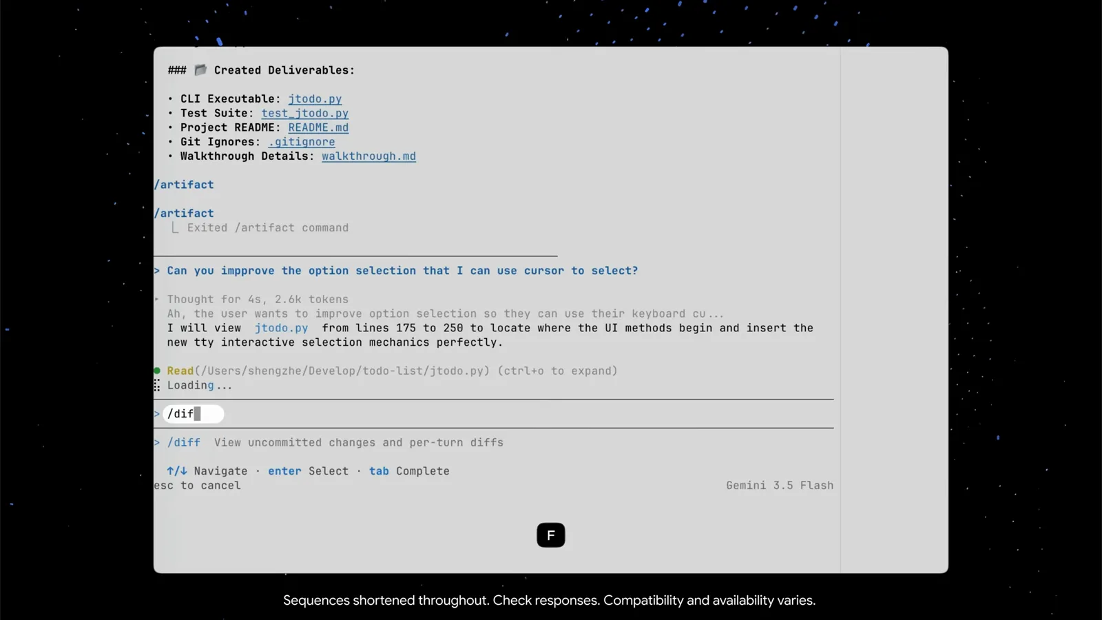 Antigravity CLI slash menu suggesting the diff command to view uncommitted changes and per-turn diffs right after asking the agent to improve option selection in jtodo.py