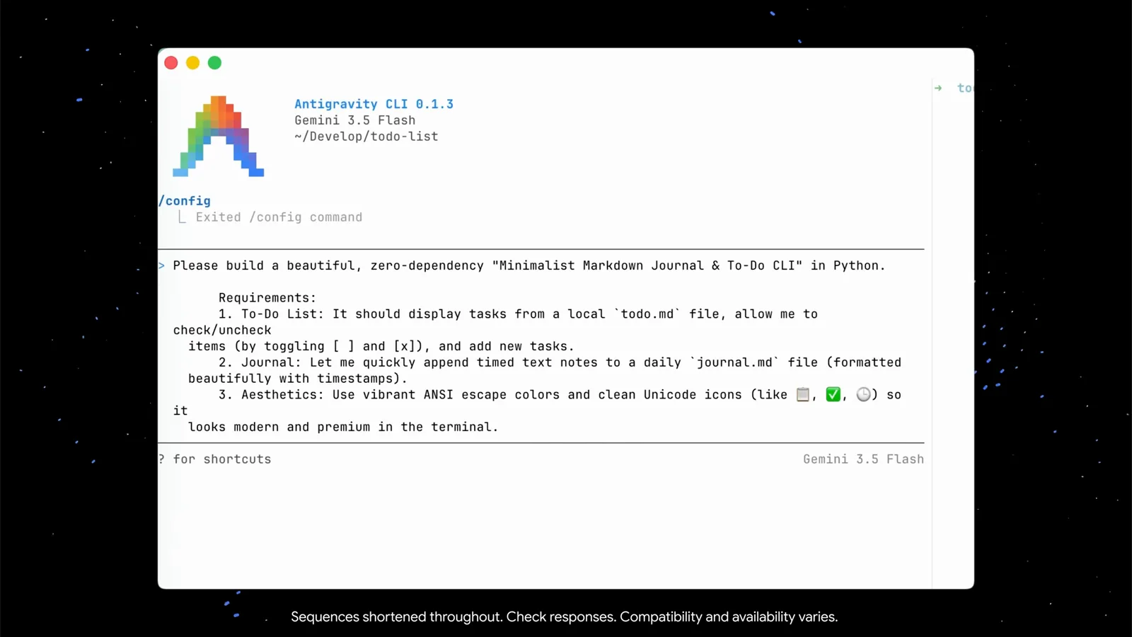 Antigravity CLI prompt box filled with a zero-dependency Minimalist Markdown Journal and To-Do CLI request listing todo.md tasks, journal.md notes and ANSI color requirements