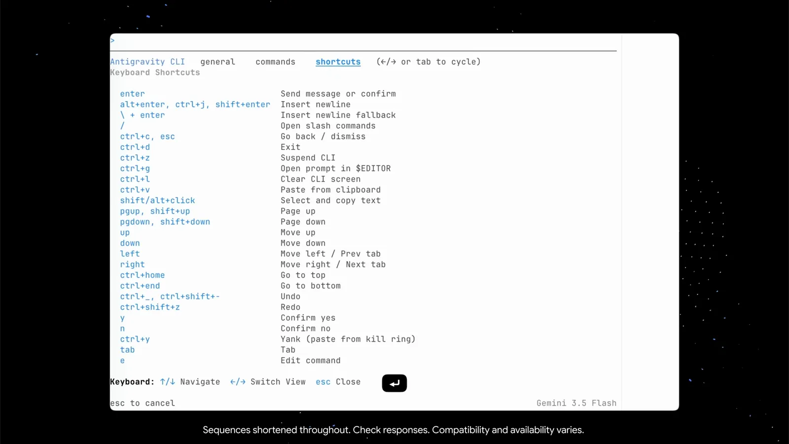 Antigravity CLI help shortcuts tab listing enter, ctrl+g to open the prompt in your editor, ctrl+l to clear the screen and two dozen other keyboard bindings