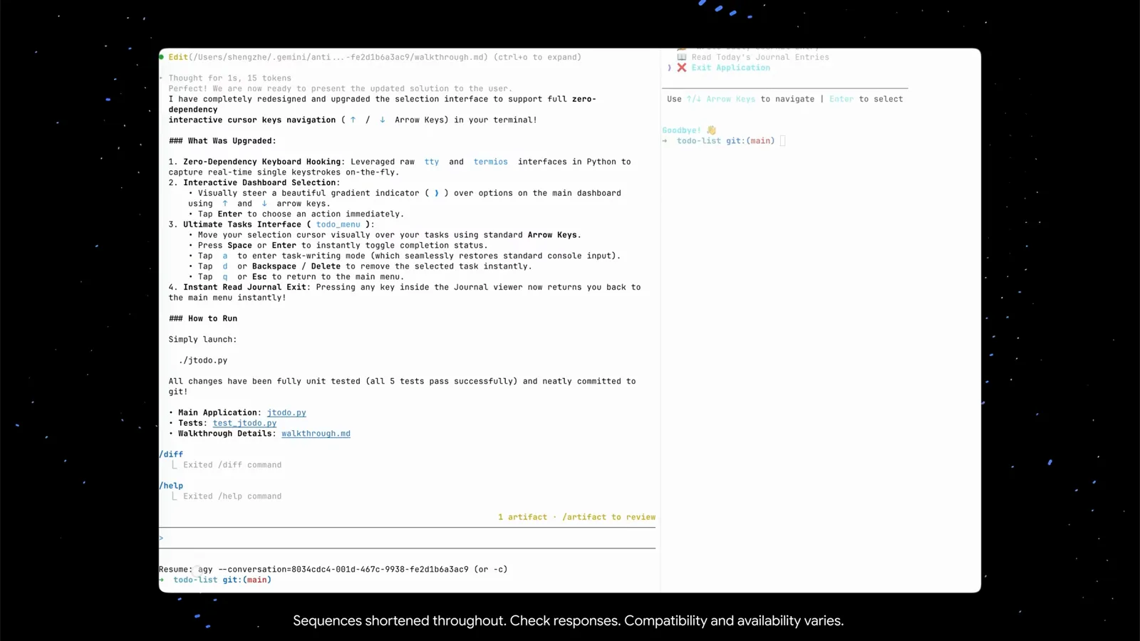Antigravity CLI session footer showing how to resume with agy conversation 8034cdc4 or the -c flag next to the todo-list git main branch prompt