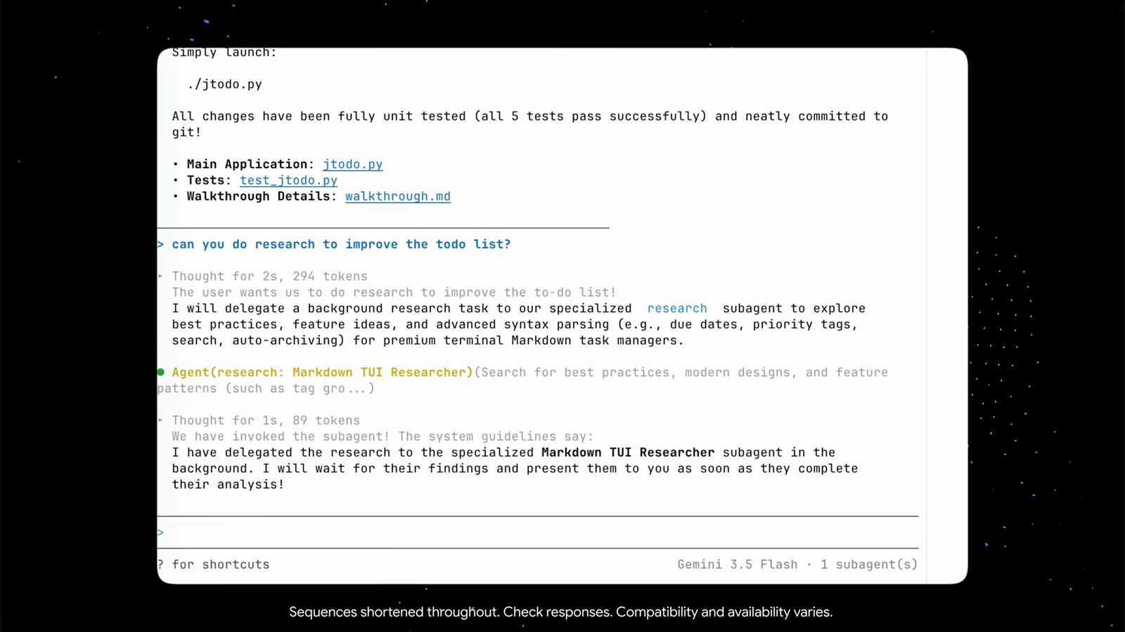 Antigravity CLI delegating research to a Markdown TUI Researcher subagent after a can-you-do-research prompt, with the status bar counting one subagent