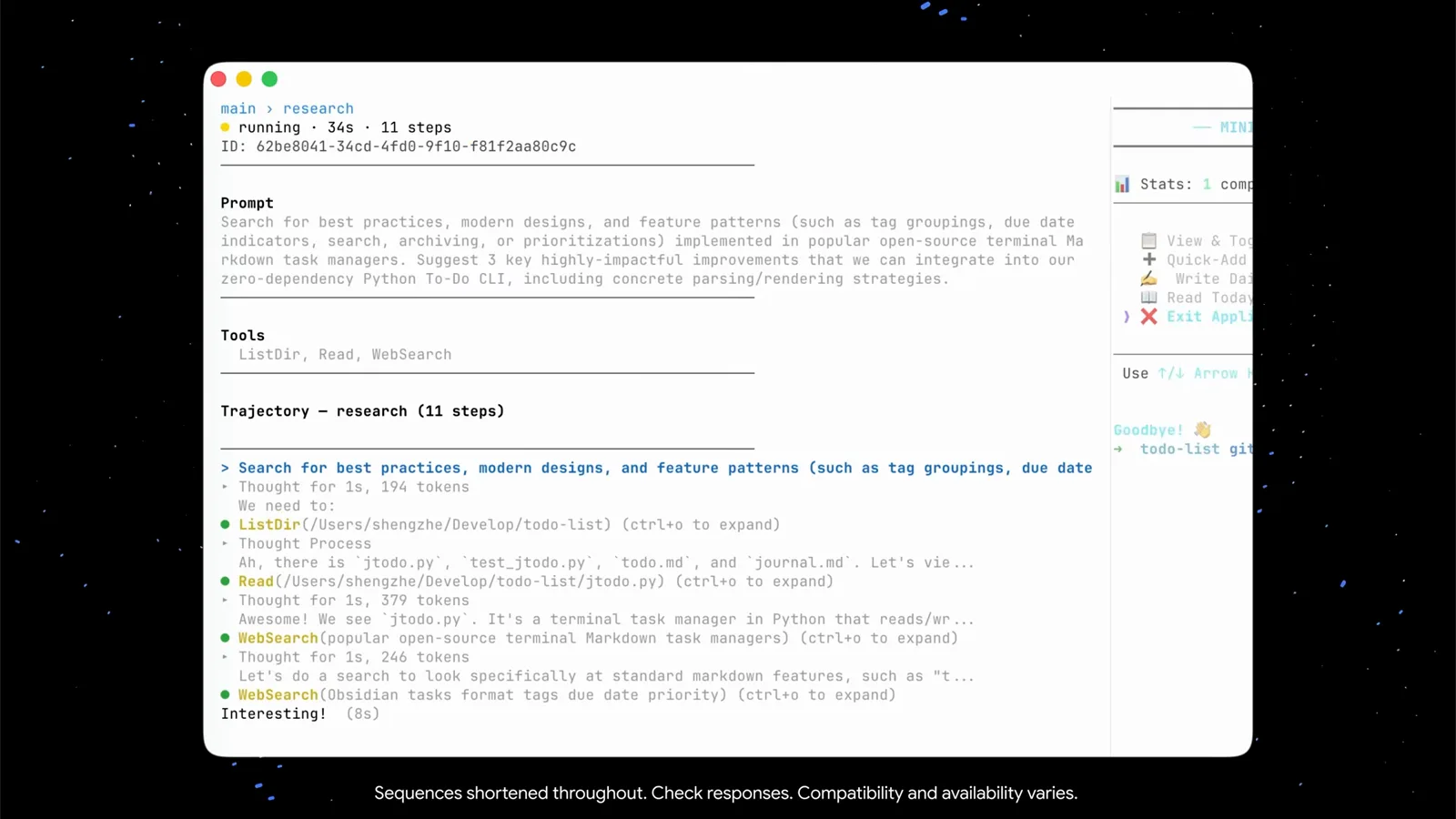 Antigravity CLI subagent view for the research agent at 34 seconds and 11 steps, listing ListDir, Read and WebSearch tools with a live trajectory of each action