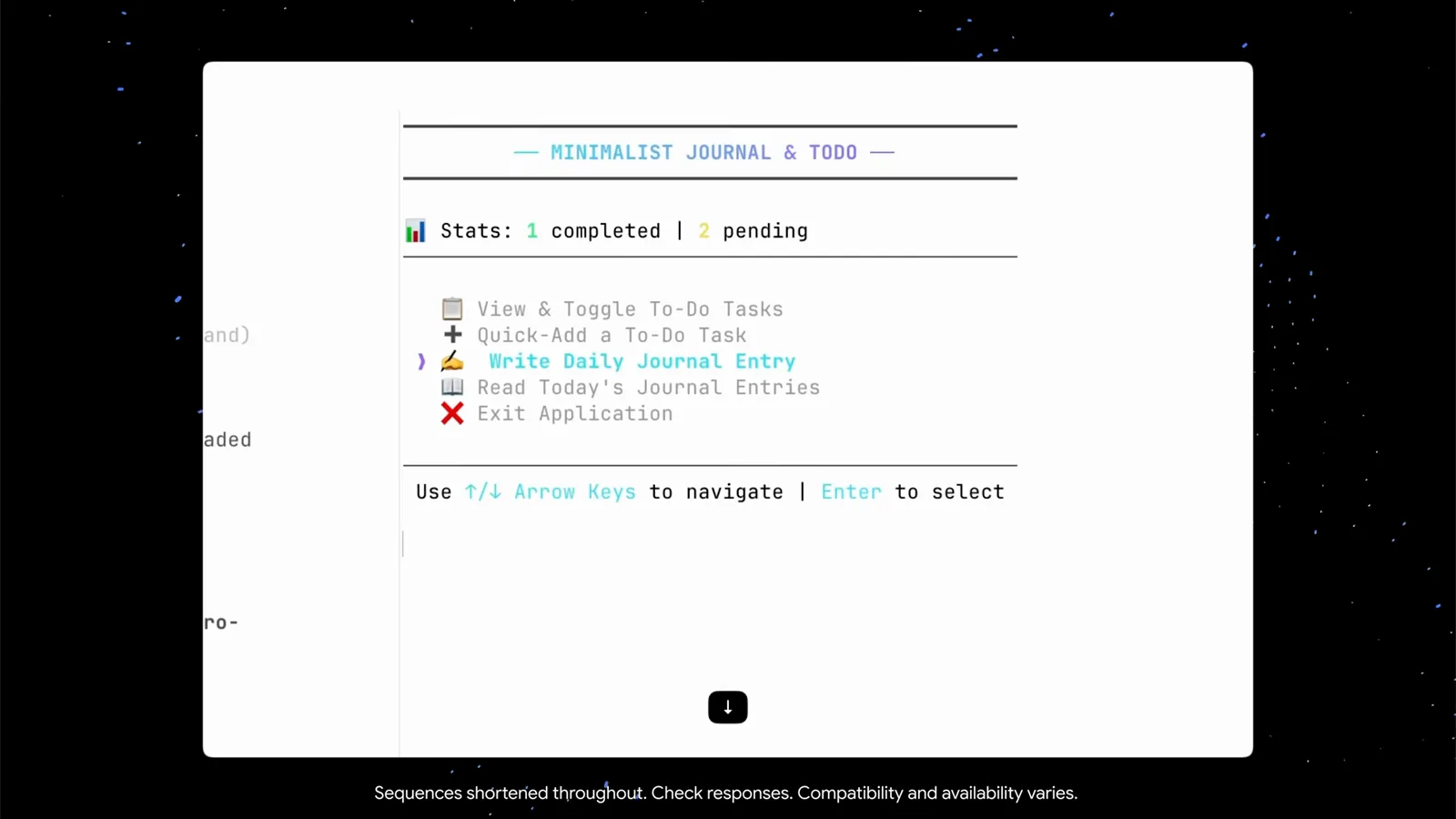 Minimalist Journal and Todo terminal app built by Antigravity CLI with a highlighted Write Daily Journal Entry row and an use-arrow-keys-to-navigate hint