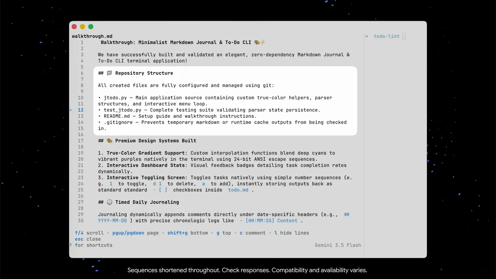 Antigravity CLI artifact viewer rendering walkthrough.md with the repository structure of jtodo.py and test_jtodo.py plus scroll and comment keyboard shortcuts