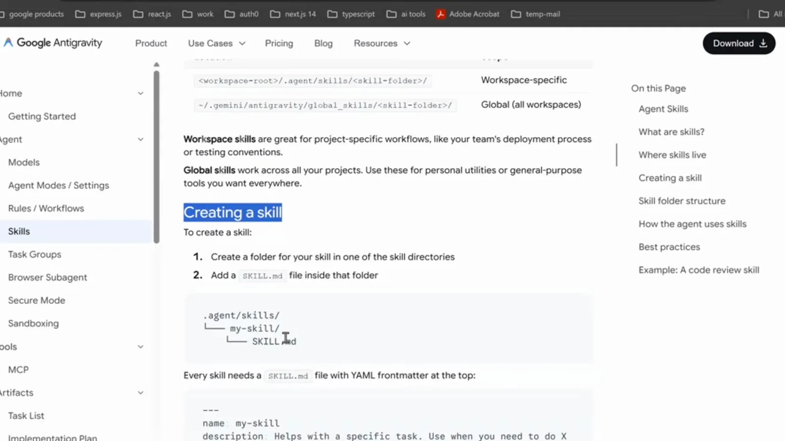 Antigravity docs Agent Skills page with the Creating a skill steps and the .agents/skills/<skill-name>/SKILL.md folder layout that gives custom agents expert knowledge