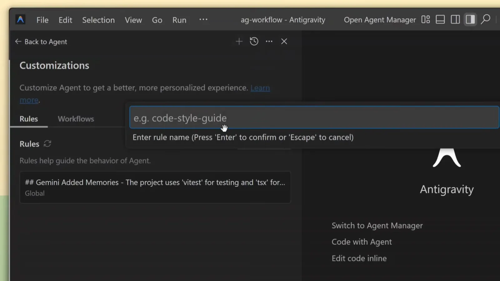 Antigravity Customizations panel open in the agent pane with the Rules tab active and a new rule name placeholder reading e.g. code-style-guide, where workspace customizations are managed