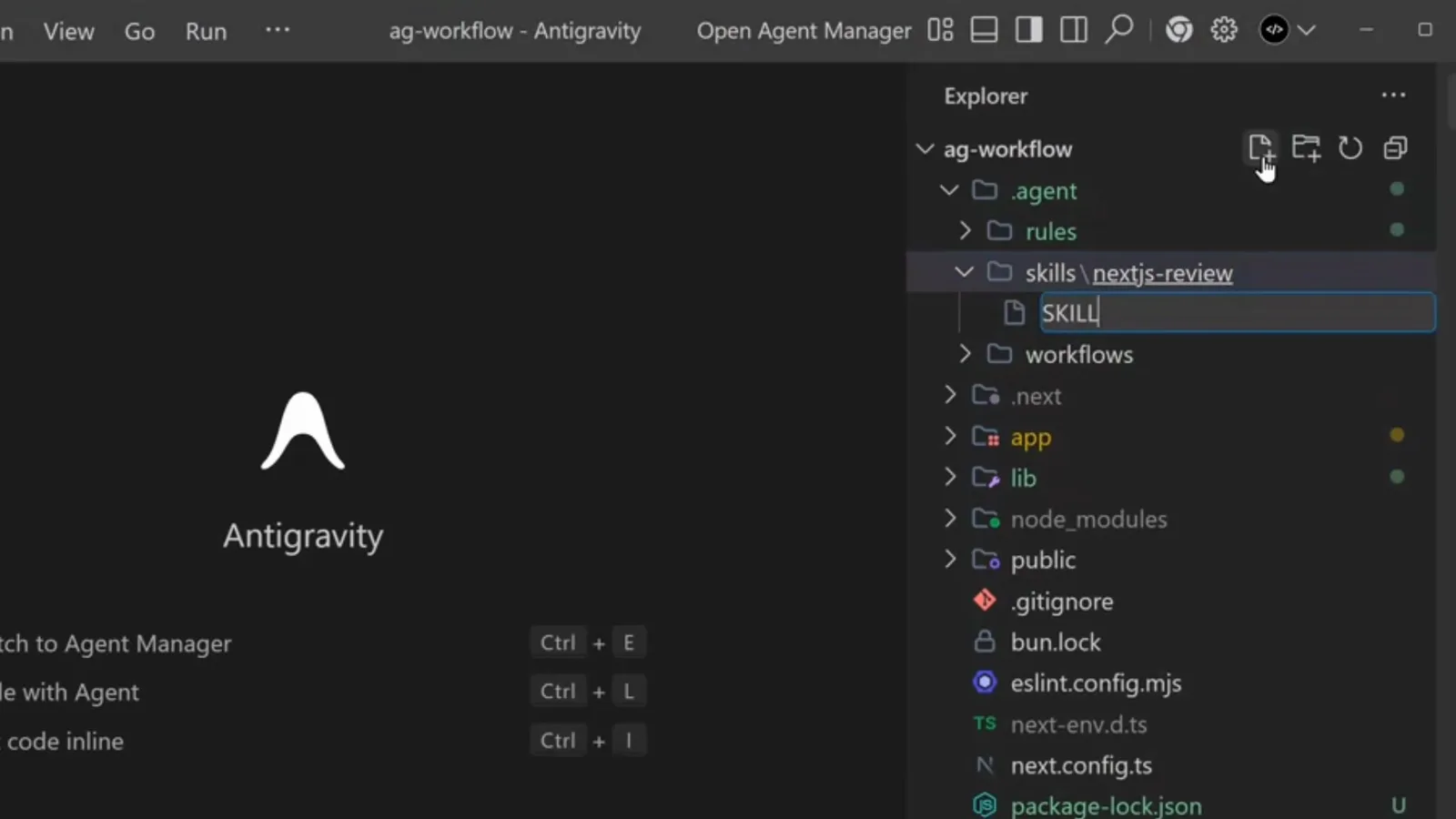 Antigravity IDE explorer showing the .agent folder with agent, rules, skills and workflows subfolders expanded next to the app source, the customization bundle that travels with the repository
