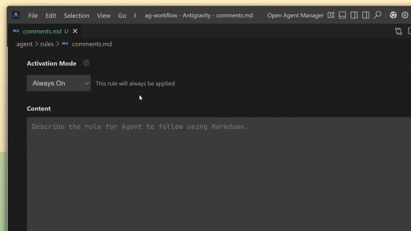 Antigravity rule editor with Activation Mode set to Always On and a Markdown content field describing the comments rule the coding agent will always follow
