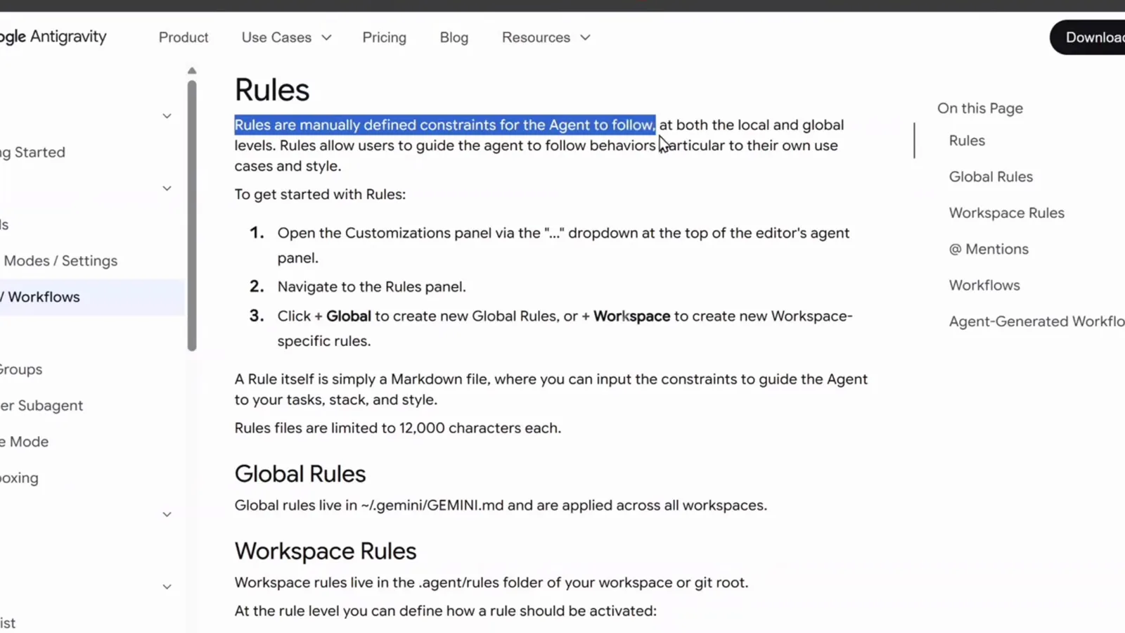 Antigravity docs Rules page contrasting Global Rules stored in ~/.gemini/GEMINI.md with Workspace Rules in the .agents folder, the same global-versus-workspace split that custom agent definition files follow