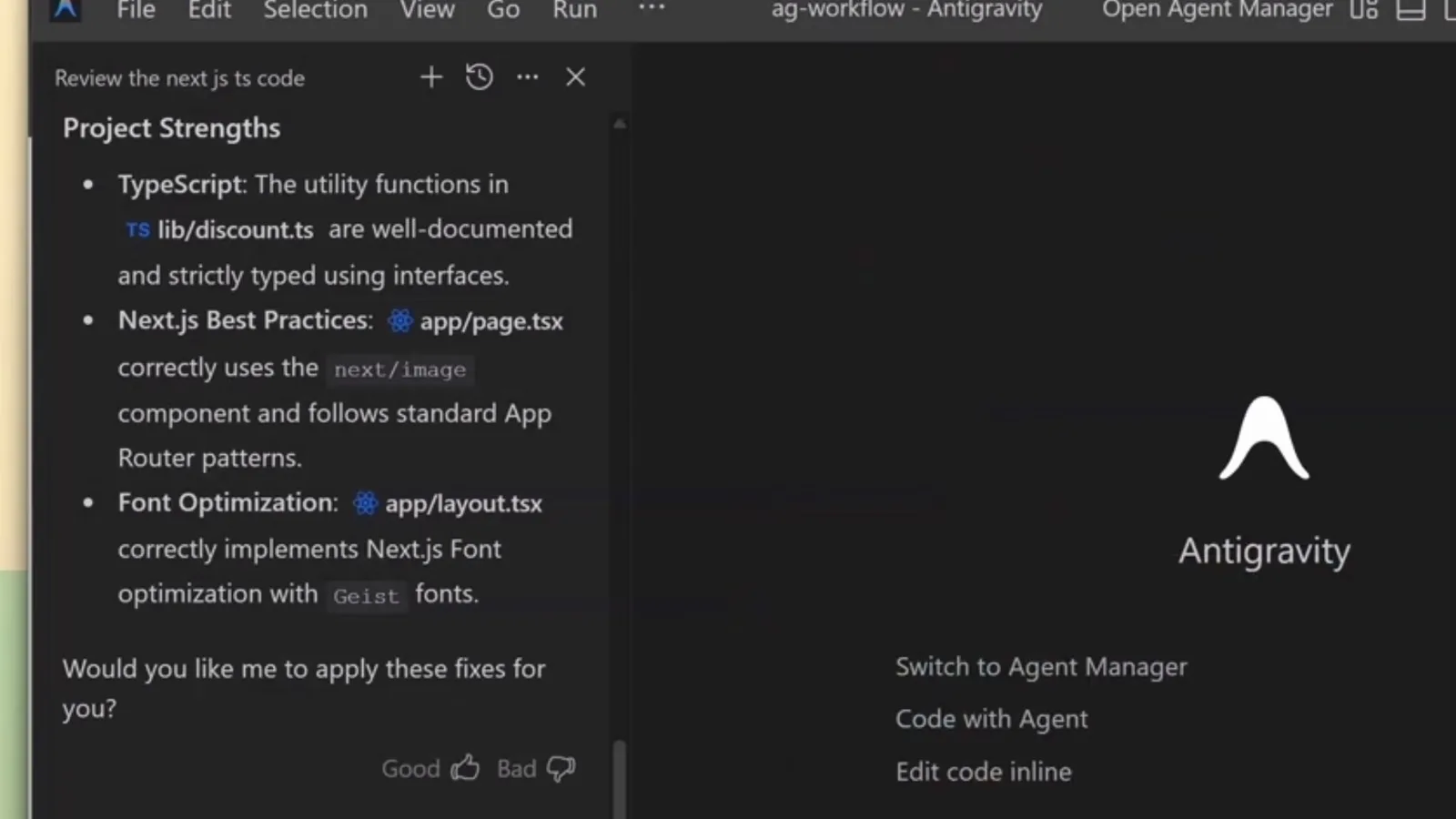 Antigravity agent reviewing a Next.js page after the reviewer skill fired, listing Project Strengths like typed utilities and next/image best practices before asking to apply fixes