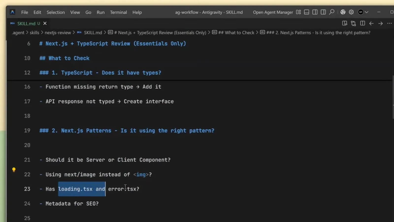 Antigravity editor showing the SKILL.md frontmatter of a nextjs-reviewer skill with its name and description fields, the same YAML pattern a custom agent markdown file uses