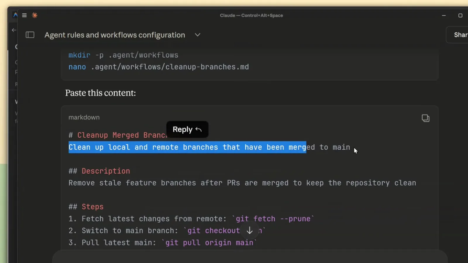 Antigravity agent conversation creating a cleanup-branches workflow with mkdir -p .agent/workflows and nano commands plus the YAML description frontmatter to paste into the markdown file