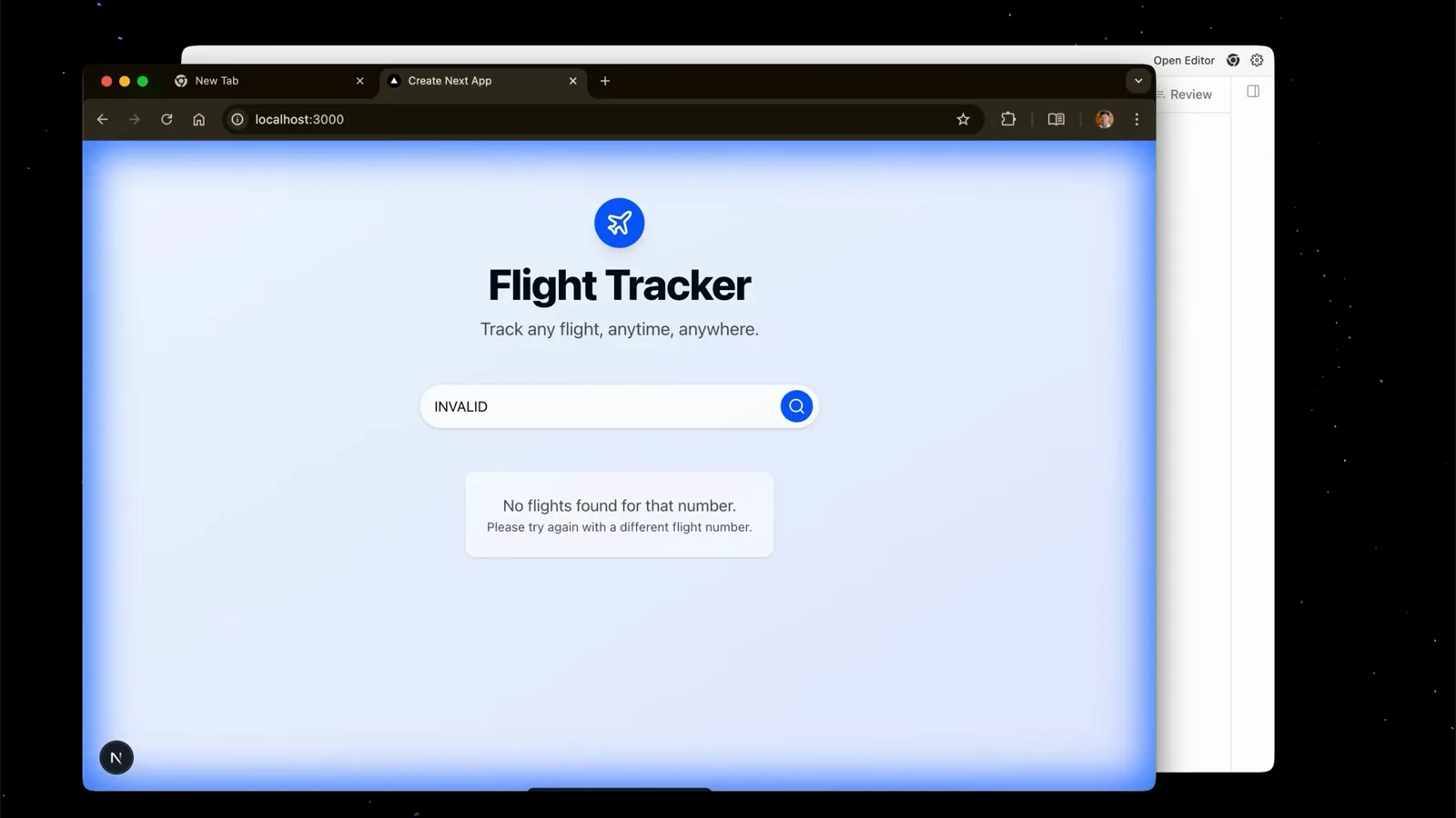 Blue-bordered Flight Tracker preview showing the Antigravity agent probing an INVALID flight number and receiving the No flights found error message on screen Blue-bordered Flight Tracker preview showing the Antigravity agent probing an INVALID flight number and receiving the No flights found error message on screen