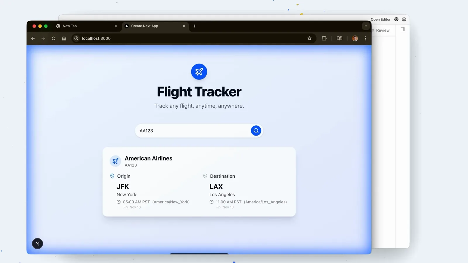 Flight Tracker app rendered inside the Antigravity browser with an American Airlines AA123 card showing JFK to LAX departure and arrival times Flight Tracker app rendered inside the Antigravity browser with an American Airlines AA123 card showing JFK to LAX departure and arrival times