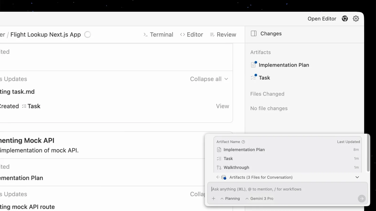 Changes panel in the Antigravity editor listing Implementation Plan and Task artifacts while a popup enumerates every artifact the agent can generate Changes panel in the Antigravity editor listing Implementation Plan and Task artifacts while a popup enumerates every artifact the agent can generate
