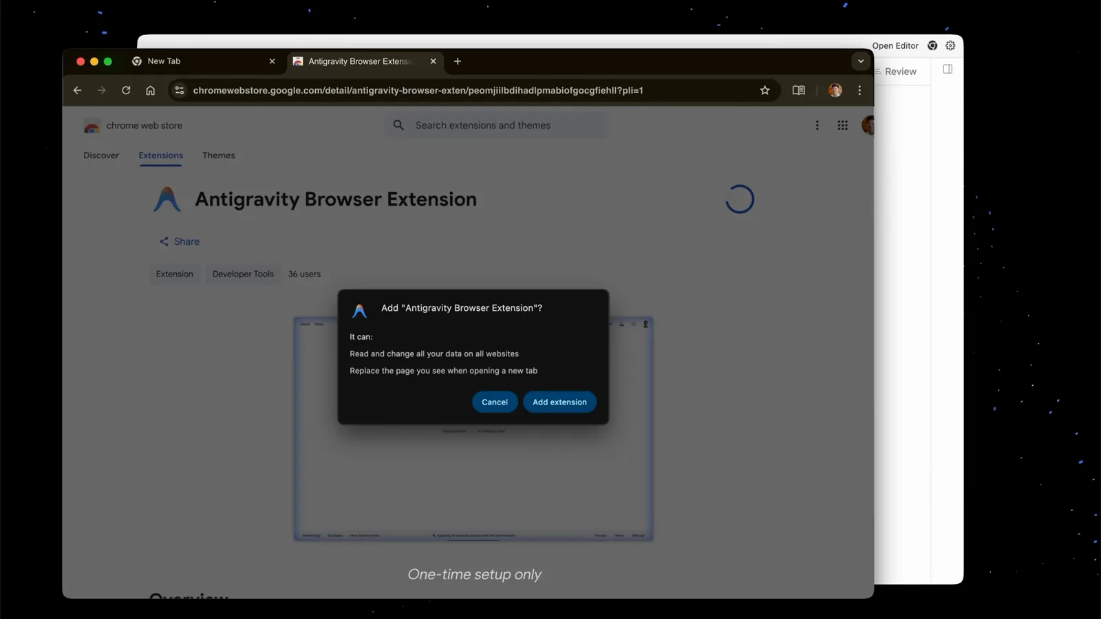 Chrome asking to Add Antigravity Browser Extension over the extension install page, the one-time setup that lets the agent drive a real browser Chrome asking to Add Antigravity Browser Extension over the extension install page, the one-time setup that lets the agent drive a real browser