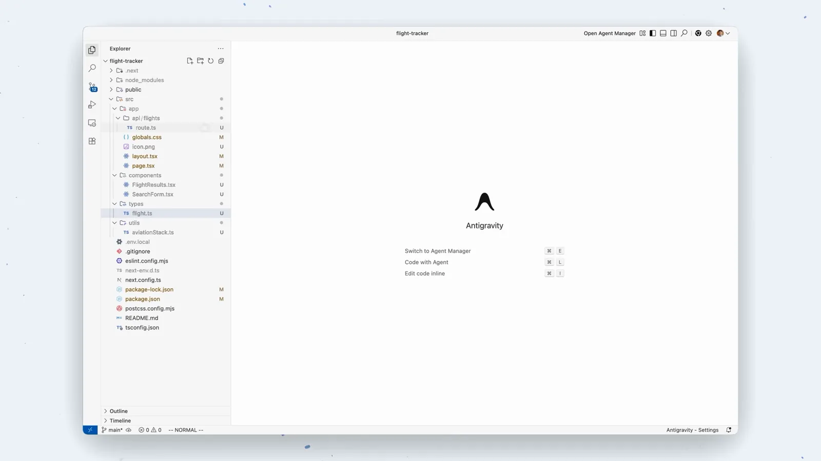 Antigravity editor greeting a fresh project with the Antigravity logo, the flight-tracker file tree and a Switch to Agent Manager shortcut on the welcome panel Antigravity editor greeting a fresh project with the Antigravity logo, the flight-tracker file tree and a Switch to Agent Manager shortcut on the welcome panel