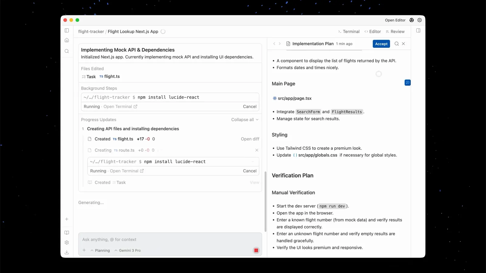 Antigravity agent installing dependencies in its terminal while the Implementation Plan panel lists Main Page components and a manual verification checklist with an Accept button Antigravity agent installing dependencies in its terminal while the Implementation Plan panel lists Main Page components and a manual verification checklist with an Accept button