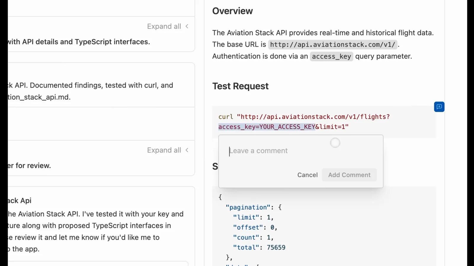 Research artifact inside Antigravity documenting the Aviation Stack API base URL and access_key authentication beside a Google-Docs-style comment box awaiting instructions Research artifact inside Antigravity documenting the Aviation Stack API base URL and access_key authentication beside a Google-Docs-style comment box awaiting instructions