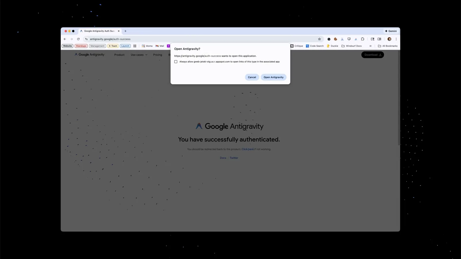 Google Antigravity confirming You have successfully authenticated in Chrome after Google sign-in, the first gate before any model configuration work starts Google Antigravity confirming You have successfully authenticated in Chrome after Google sign-in, the first gate before any model configuration work starts