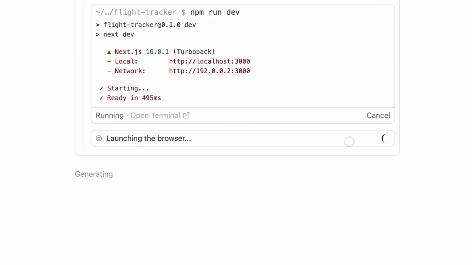 Embedded Antigravity terminal running npm run dev until Next.js 16.0.1 reports Ready in 495ms and the agent announces Launching the browser Embedded Antigravity terminal running npm run dev until Next.js 16.0.1 reports Ready in 495ms and the agent announces Launching the browser