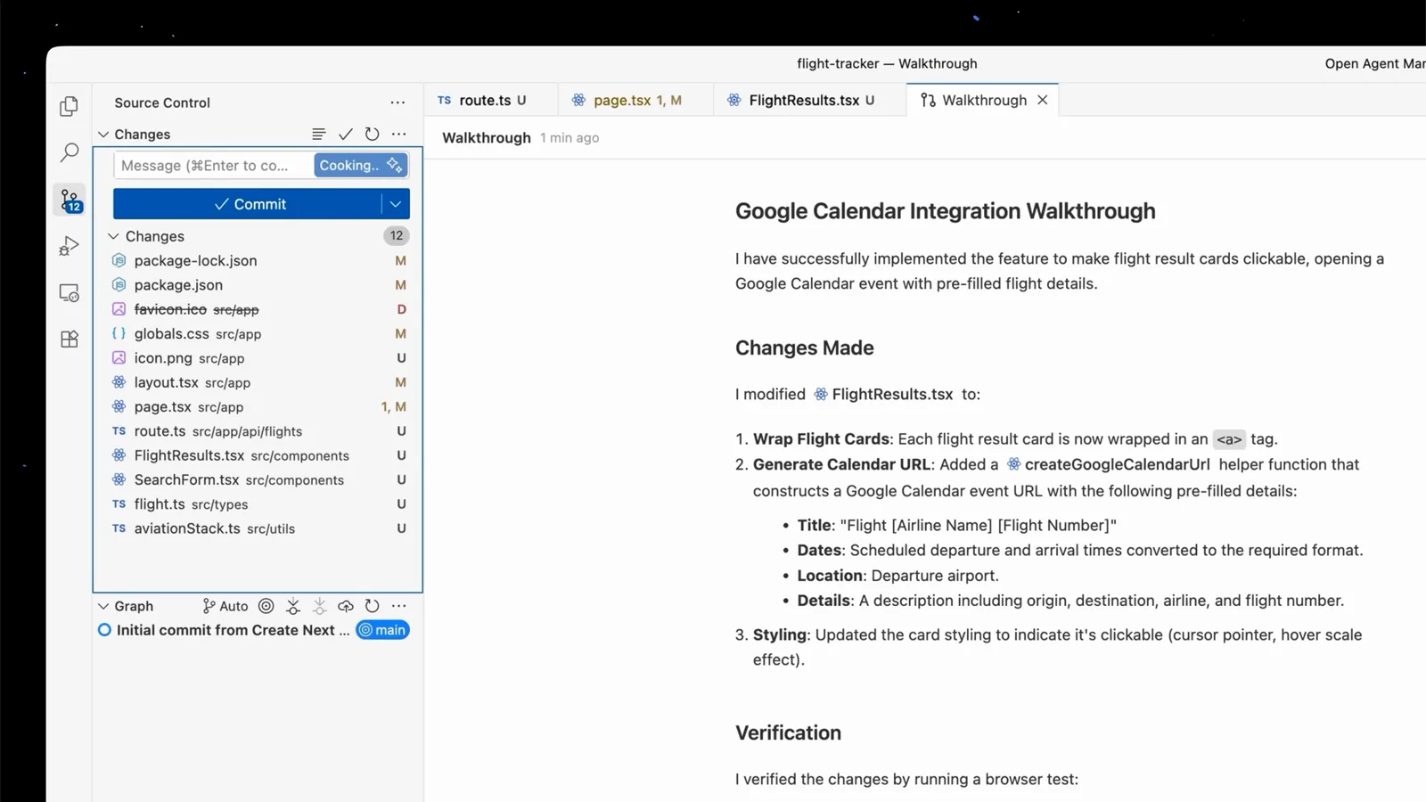 Source Control view staging the flight-tracker changes beside the finished Google Calendar Integration Walkthrough, the last review stop before committing Source Control view staging the flight-tracker changes beside the finished Google Calendar Integration Walkthrough, the last review stop before committing