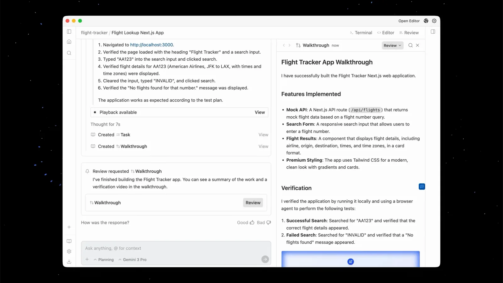 Flight Tracker App Walkthrough panel in Antigravity recording a successful AA128 lookup and a failed INVALID search as proof the agent verified its own work Flight Tracker App Walkthrough panel in Antigravity recording a successful AA128 lookup and a failed INVALID search as proof the agent verified its own work