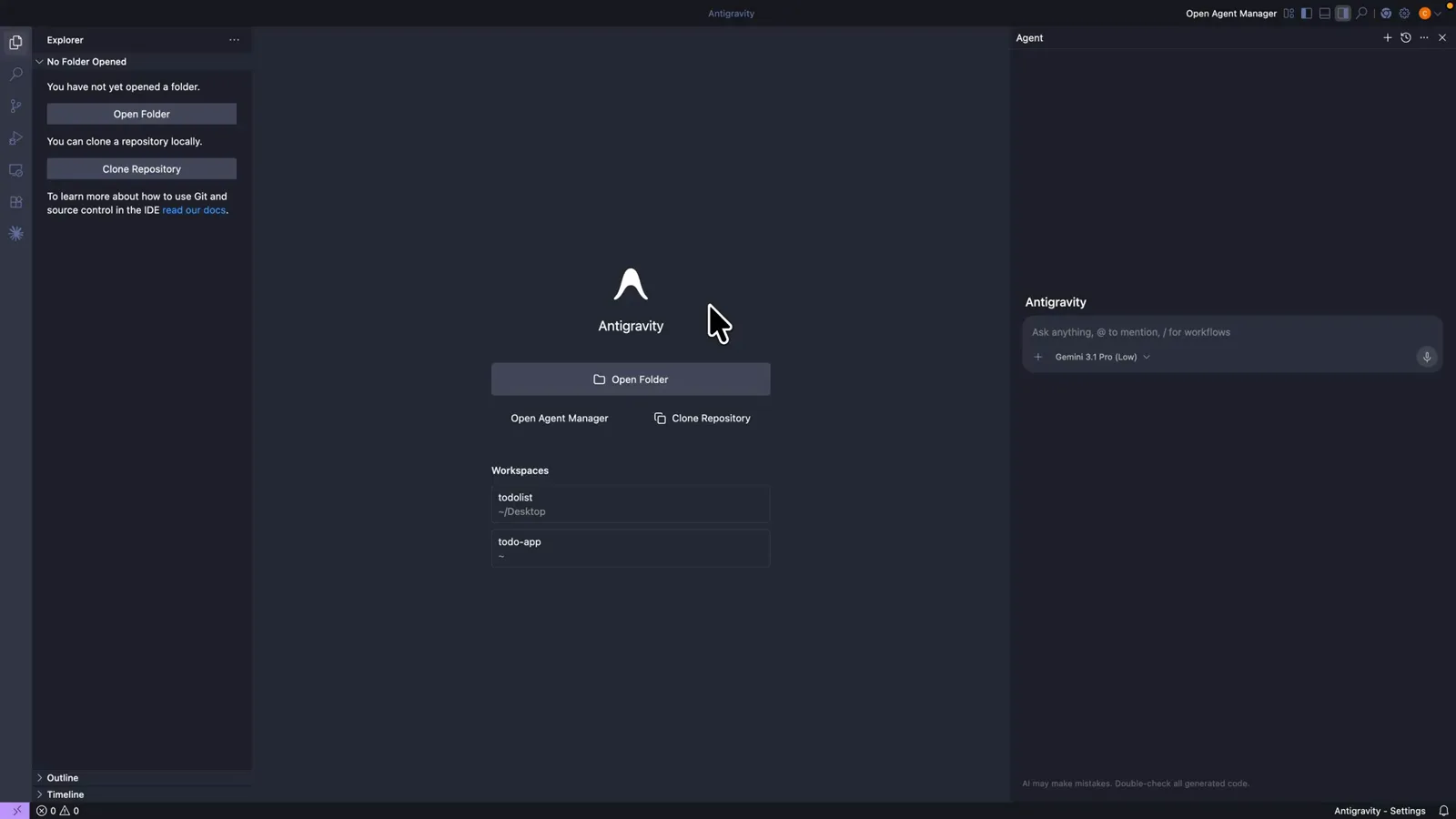 Antigravity desktop app welcome screen with the docked Agent panel on the right listing an Antigravity conversation above the Ask anything prompt box