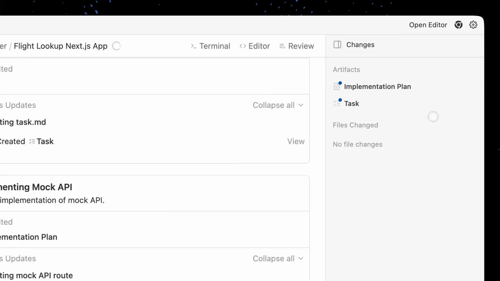 Antigravity editor sidebar for the Flight Lookup Next.js app showing Implementation Plan and Task entries under Artifacts while the agent creates task.md