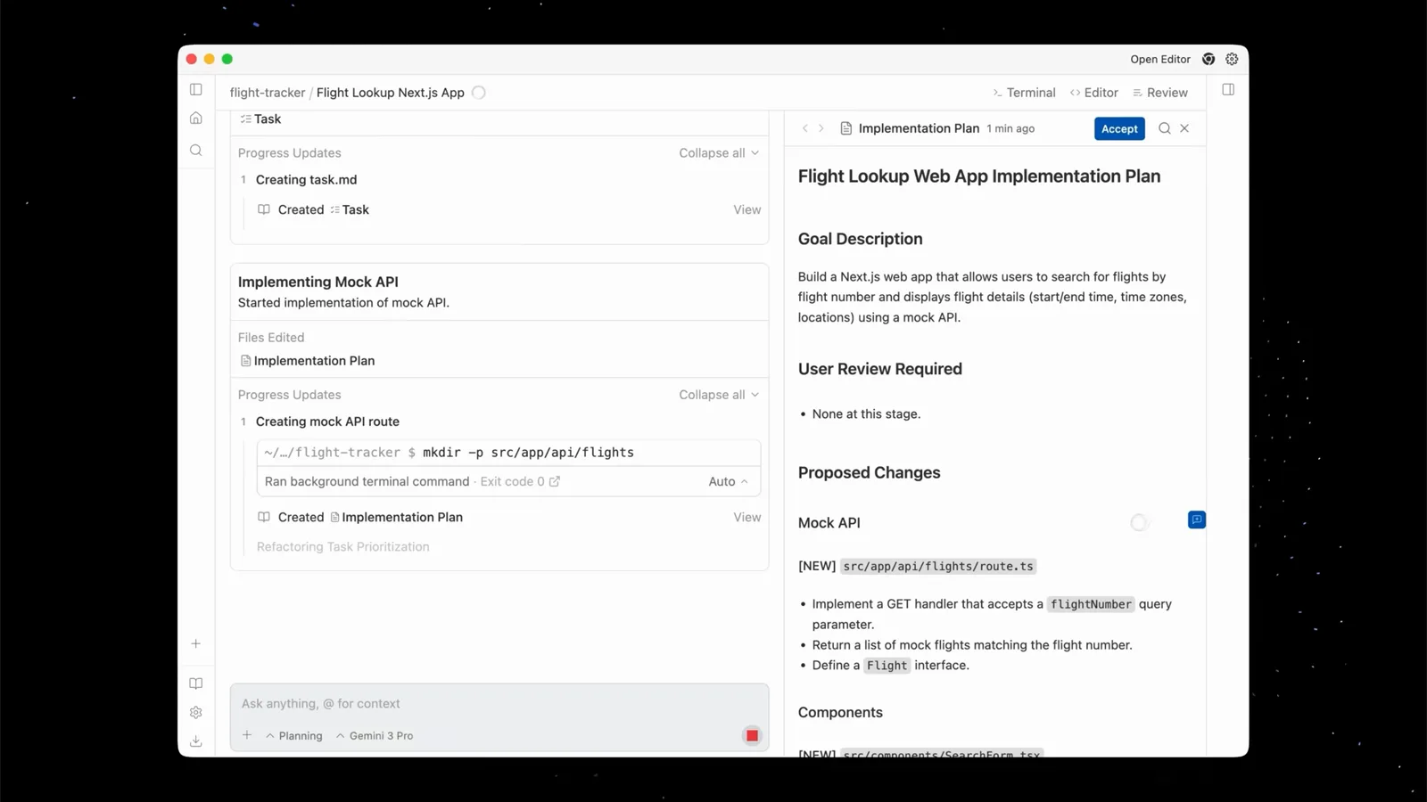 Antigravity Implementation Plan artifact for a flight lookup web app listing Goal Description, User Review Required and Proposed Changes with a Mock API path and Components section