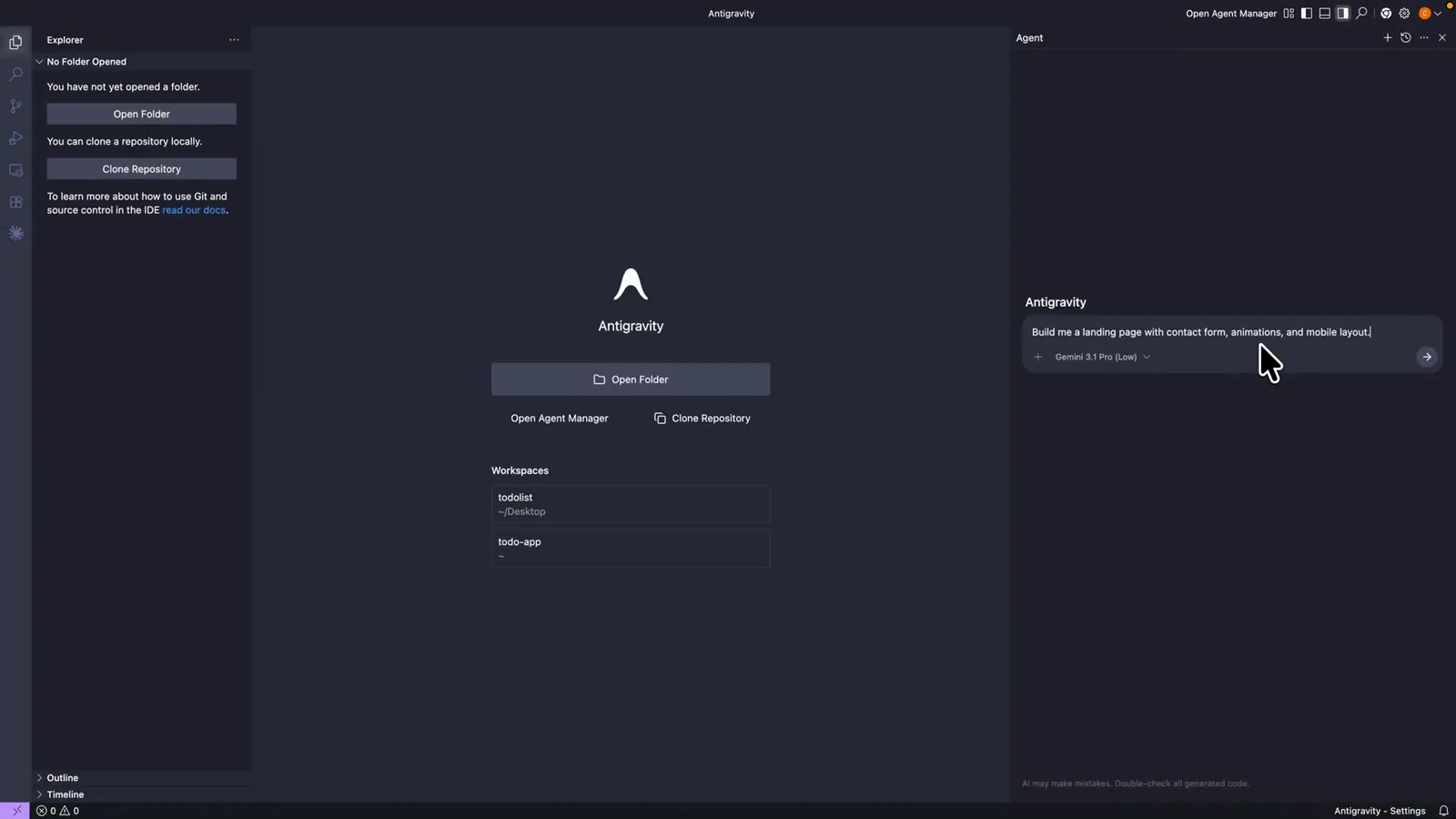 Complex landing page prompt asking for a contact form, animations and mobile layout typed into the Antigravity agent input ready for the /plan command