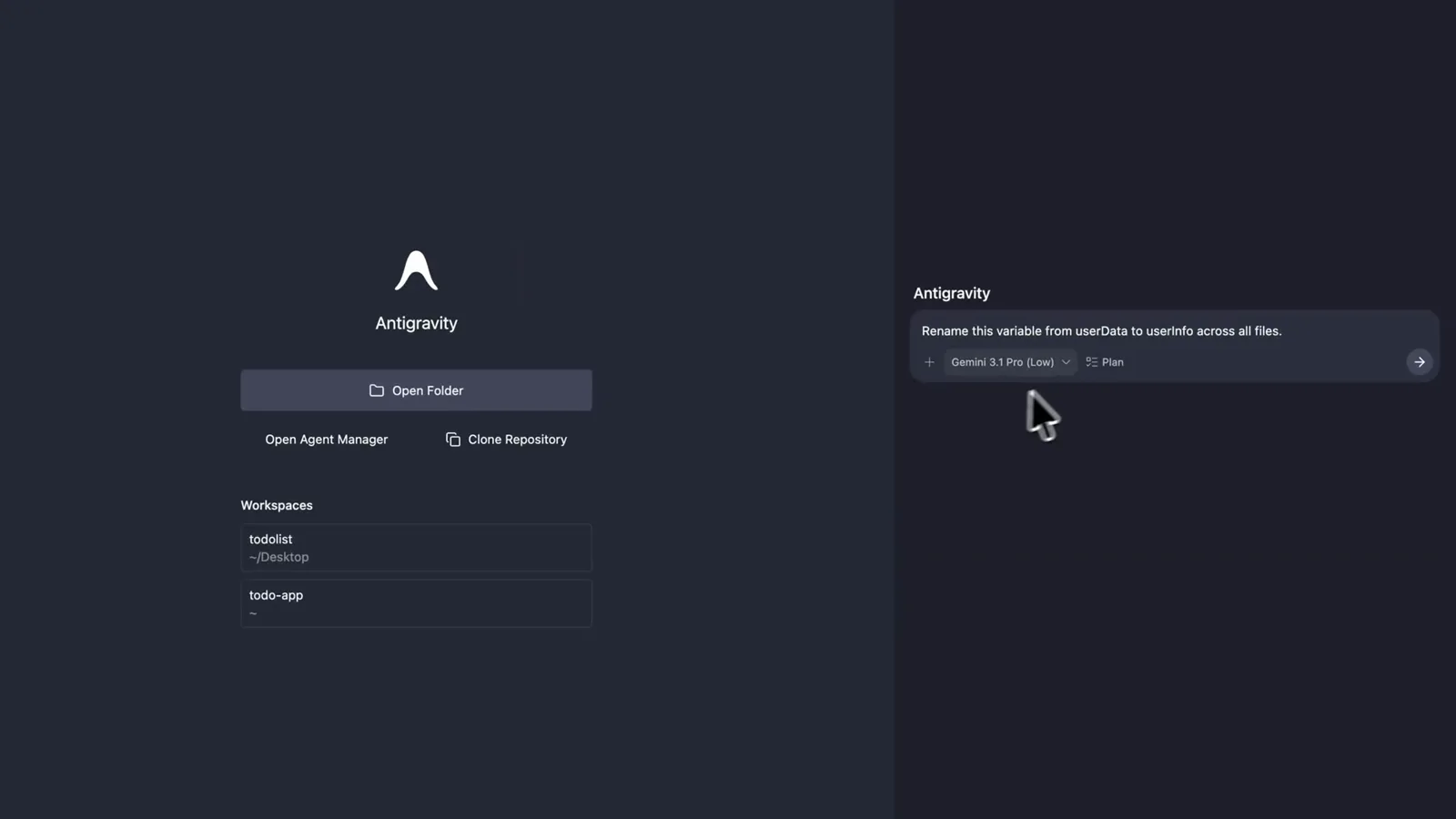 Plan chip active next to the Gemini 3.1 Pro (Low) chip under the rename prompt in the Antigravity agent input
