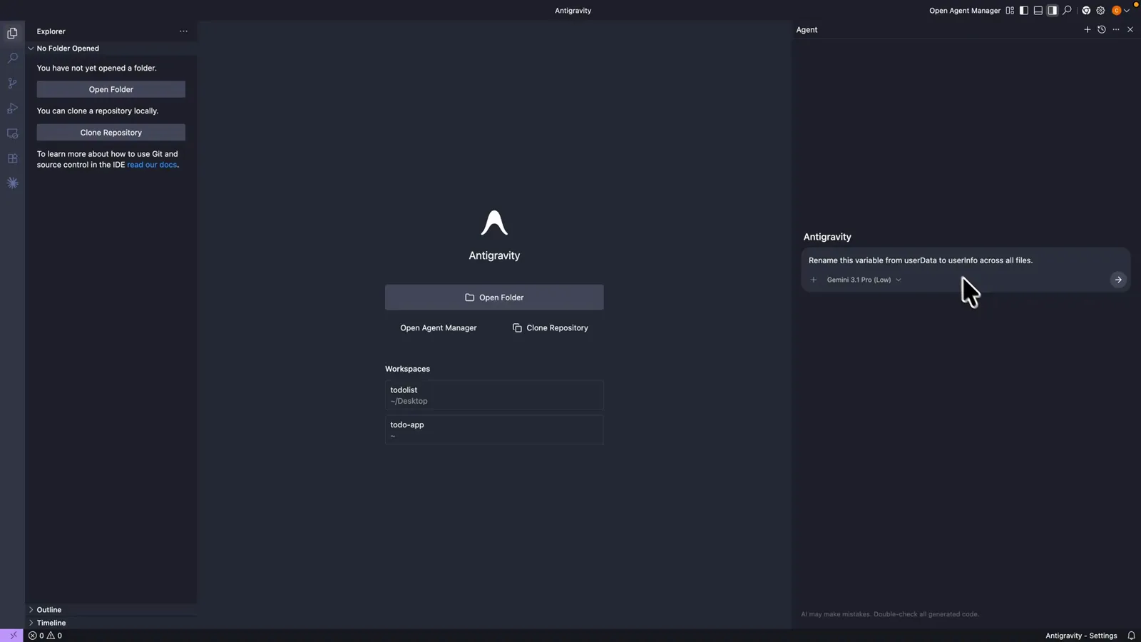 Antigravity agent input after the Plan chip was removed leaving only the model chip so the rename task runs without planning