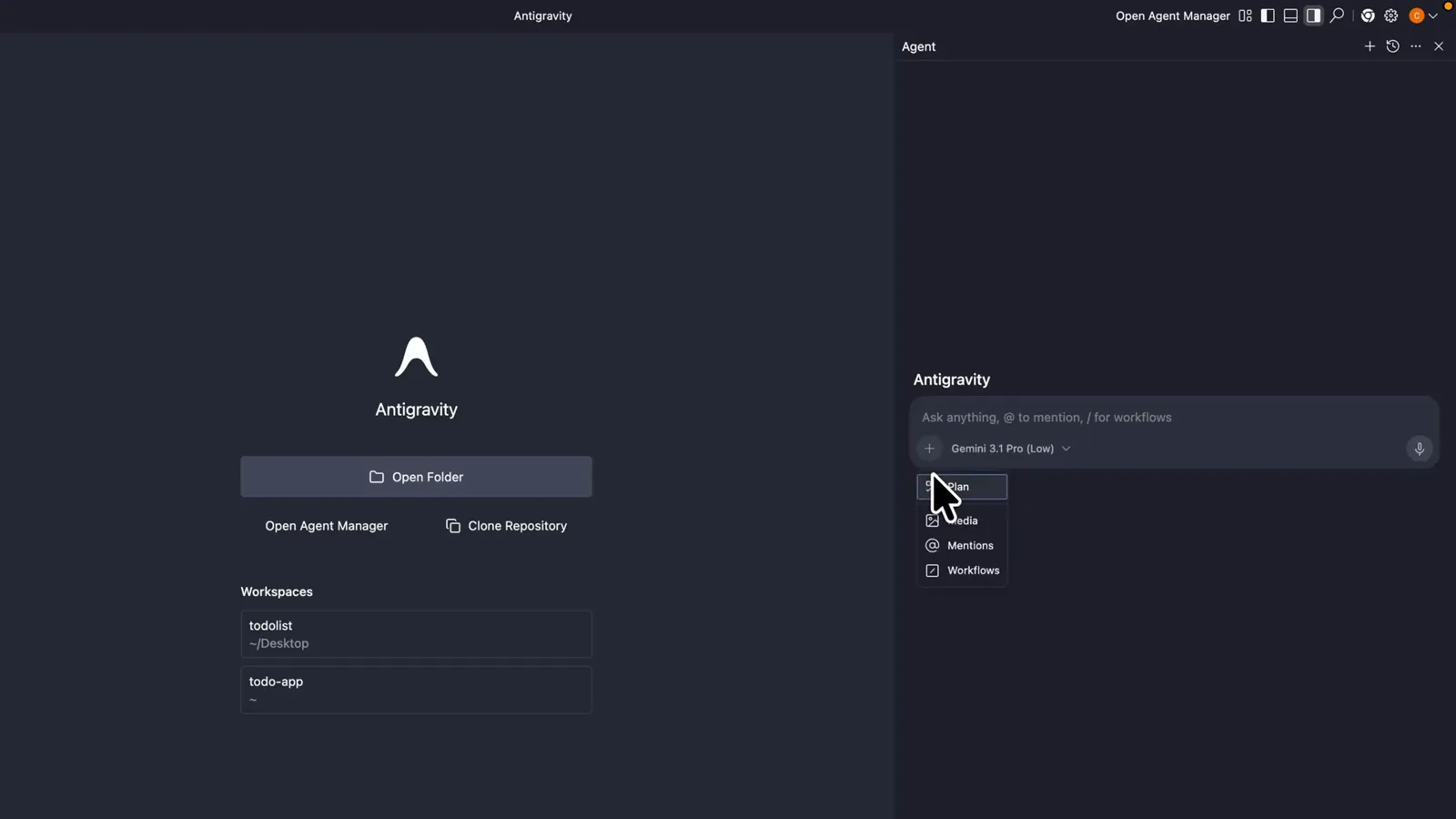 Plus menu open in the Antigravity agent panel with the Plan entry highlighted above Media, Mentions and Workflows beside the Gemini 3.1 Pro (Low) chip