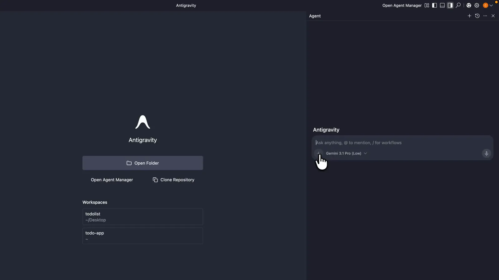 Antigravity agent panel prompt input showing the placeholder Ask anything @ to mention / for workflows with a Gemini 3.1 Pro (Low) model chip and microphone button