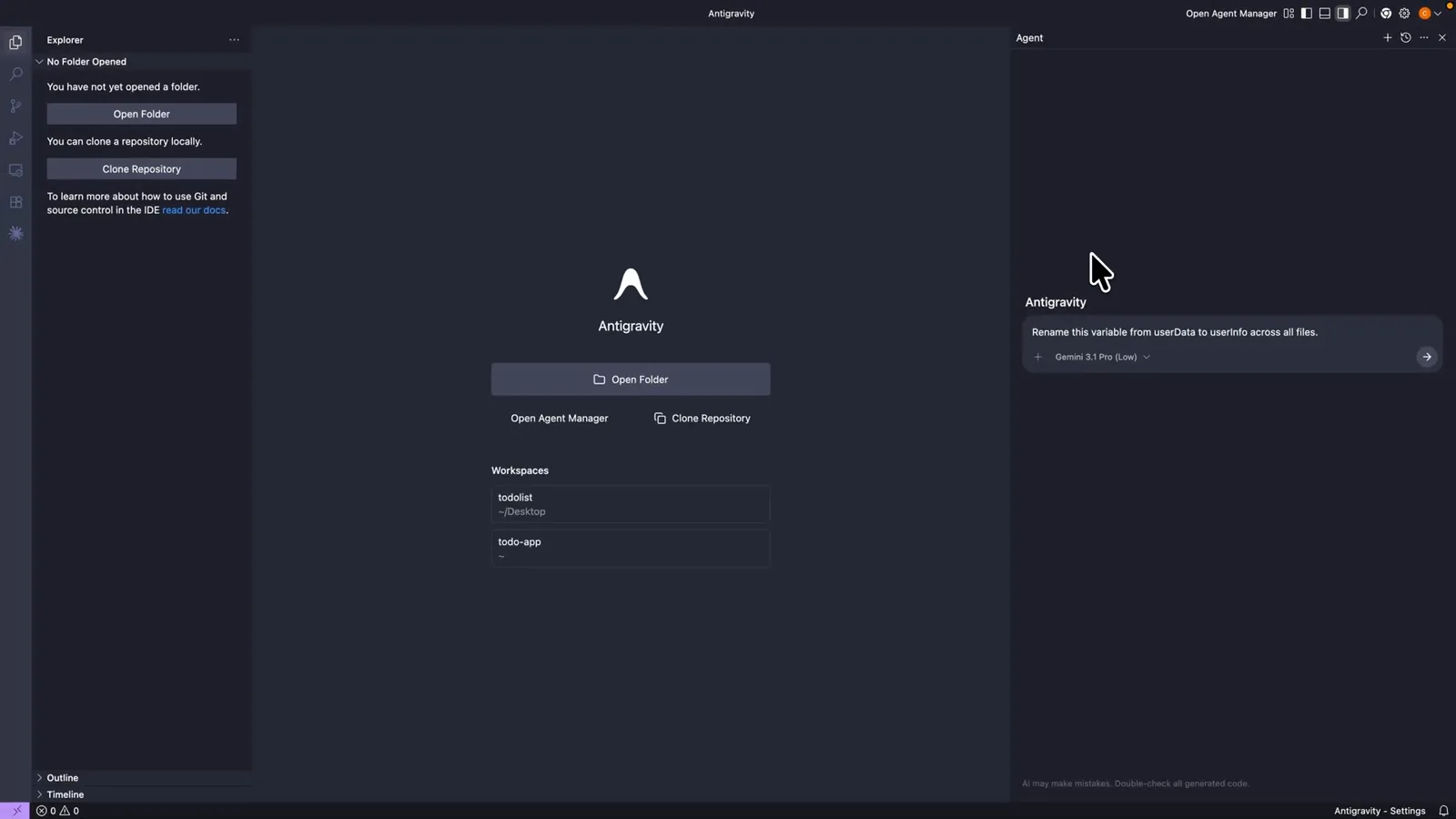 Short rename userData to userInfo prompt in the Antigravity agent input with only the Gemini 3.1 Pro (Low) chip and no Plan chip