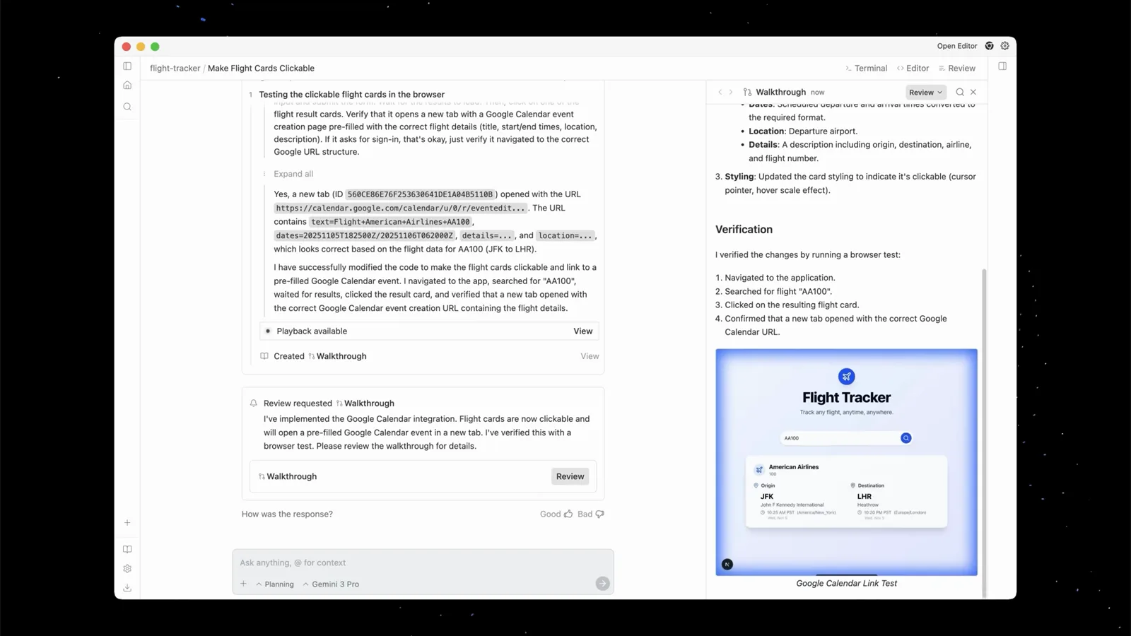 Antigravity walkthrough artifact listing verification steps beside a Flight Tracker screenshot confirming the implemented features