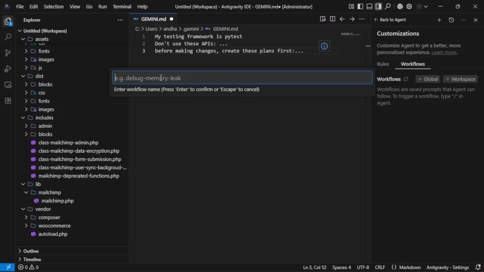 Antigravity workflow name dialog with the debug-memory-leak example placeholder and a Press Enter to confirm hint above the already saved GEMINI.md rules Antigravity workflow name dialog with the debug-memory-leak example placeholder and a Press Enter to confirm hint above the already saved GEMINI.md rules