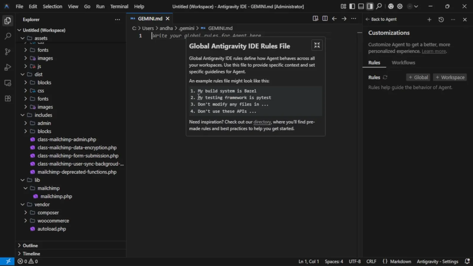 Global Antigravity IDE Rules File hover card explaining that global rules apply across all workspaces while a fresh GEMINI.md opens with a placeholder rule and four example rules Global Antigravity IDE Rules File hover card explaining that global rules apply across all workspaces while a fresh GEMINI.md opens with a placeholder rule and four example rules