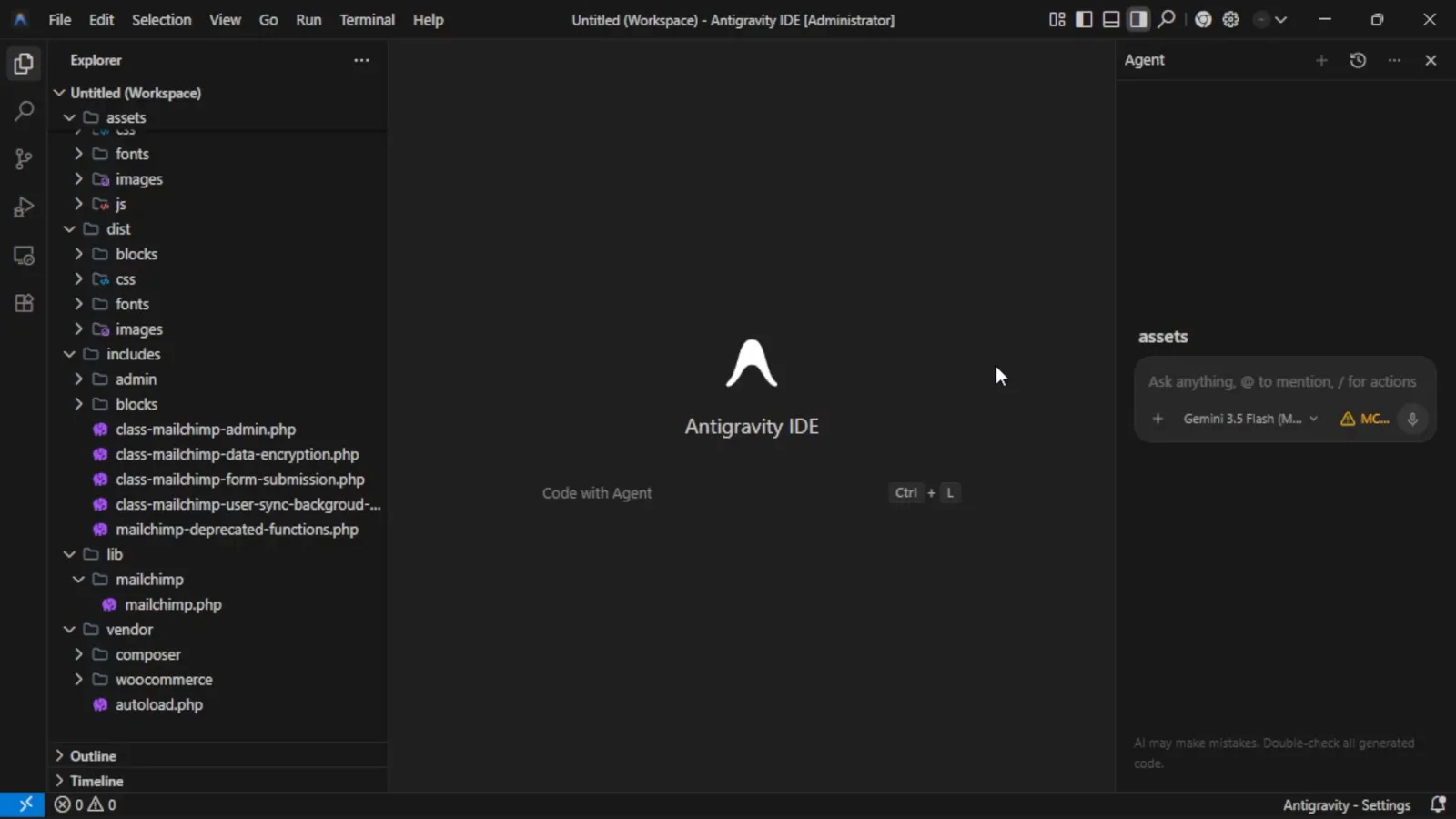 Google Antigravity IDE open on the Untitled workspace welcome screen with the Agent side panel and the Gemini 3.5 Flash model picker visible before any rules are configured Google Antigravity IDE open on the Untitled workspace welcome screen with the Agent side panel and the Gemini 3.5 Flash model picker visible before any rules are configured