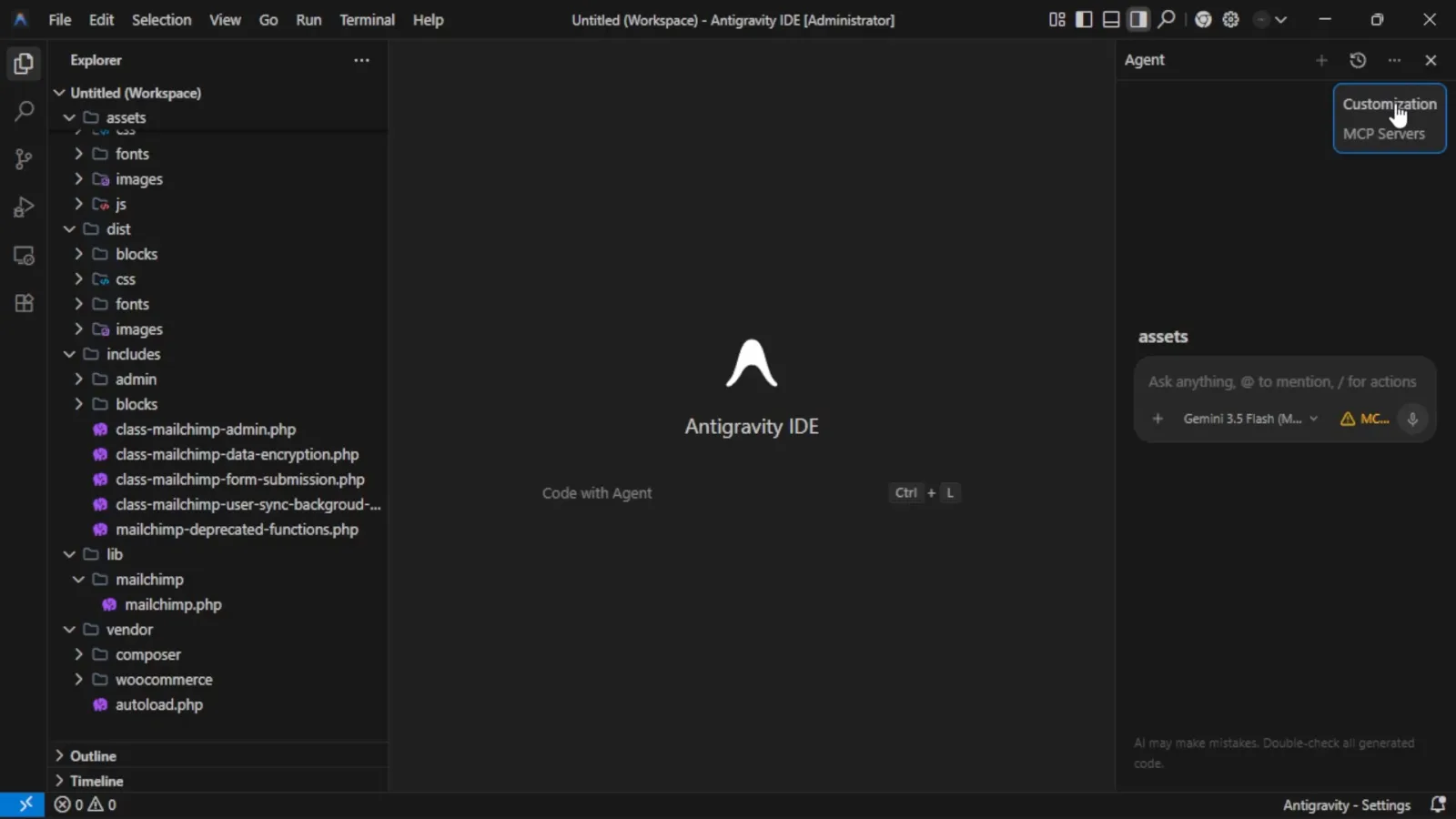 Antigravity Agent panel header with the cursor hovering the Customization icon whose tooltip lists Customization and MCP Servers, the menu that opens agent rules and workflows Antigravity Agent panel header with the cursor hovering the Customization icon whose tooltip lists Customization and MCP Servers, the menu that opens agent rules and workflows