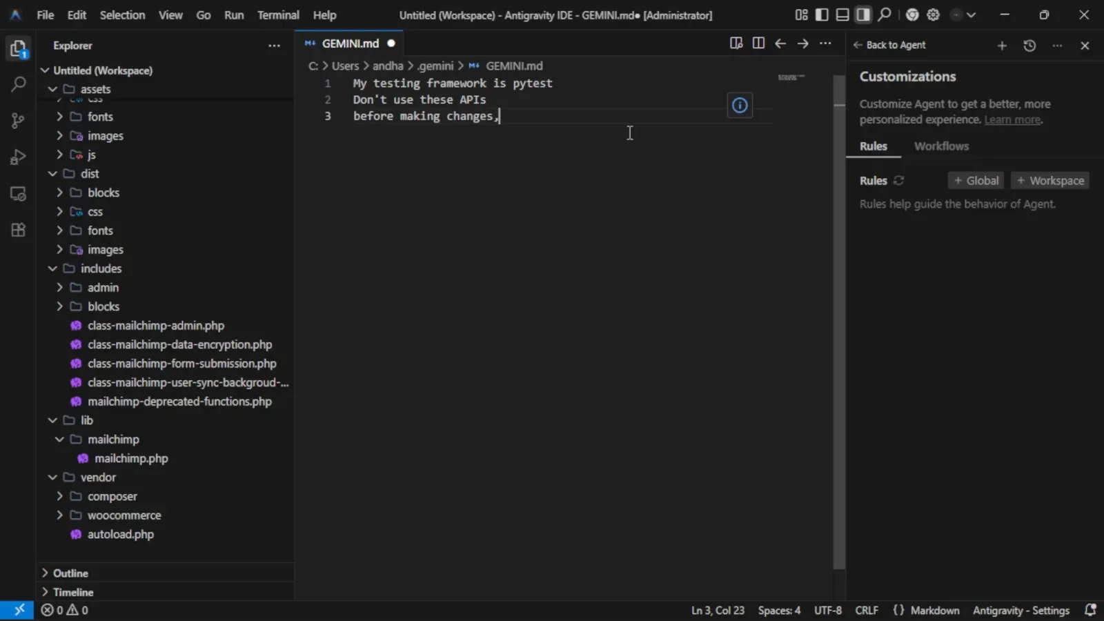 Three saved Antigravity rules in GEMINI.md covering the php8 testing framework, banned APIs and plan-first edits, ready for the agent to follow in every workspace Three saved Antigravity rules in GEMINI.md covering the php8 testing framework, banned APIs and plan-first edits, ready for the agent to follow in every workspace