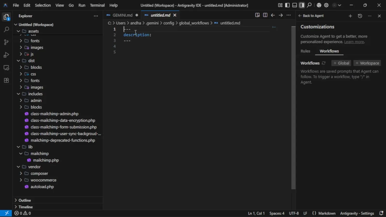 New Antigravity workflow file untitled.md open with an empty description frontmatter field where the one-line workflow summary goes New Antigravity workflow file untitled.md open with an empty description frontmatter field where the one-line workflow summary goes