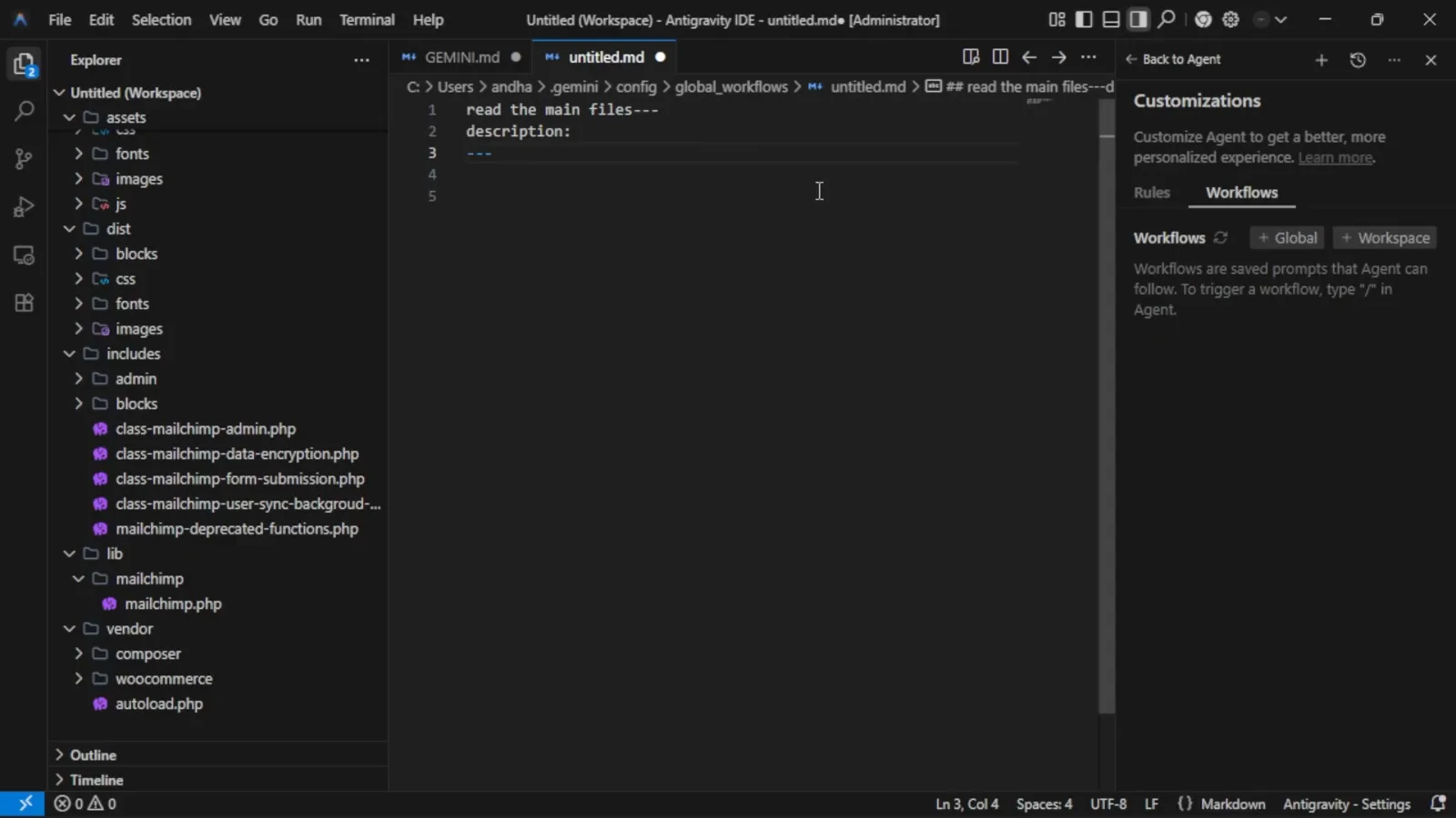Finished Antigravity workflow with its read-the-main-files step and description frontmatter beside the Workflows tab ready to run as a slash command Finished Antigravity workflow with its read-the-main-files step and description frontmatter beside the Workflows tab ready to run as a slash command