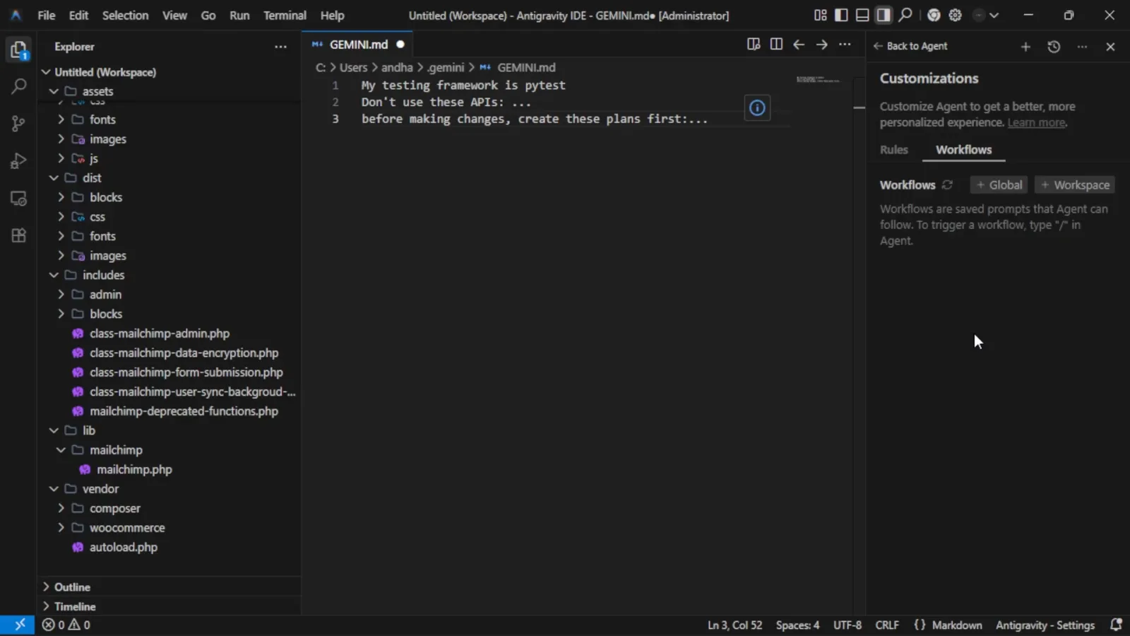Antigravity Workflows tab explaining that workflows are saved prompts the Agent can follow and that typing a forward slash in Agent triggers one Antigravity Workflows tab explaining that workflows are saved prompts the Agent can follow and that typing a forward slash in Agent triggers one
