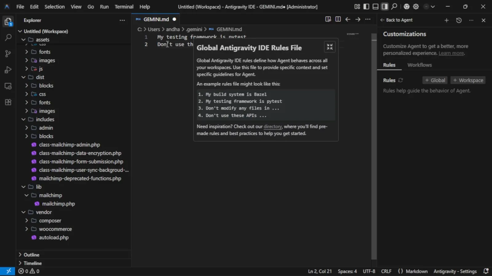 Typing the first Antigravity rule My testing framework is php8 into GEMINI.md while the Global Rules File card keeps four example rules on screen Typing the first Antigravity rule My testing framework is php8 into GEMINI.md while the Global Rules File card keeps four example rules on screen